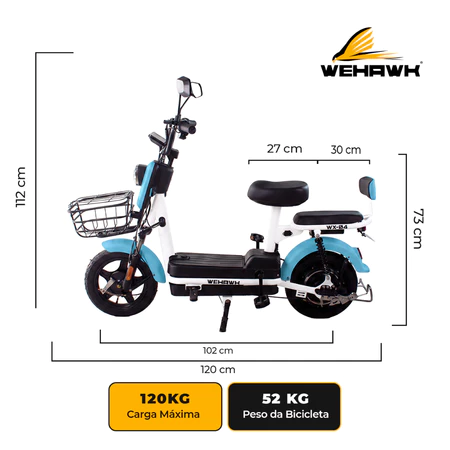 Diagrama técnico da bike elétrica Wehawk WX-04 mostrando medidas e capacidade de peso