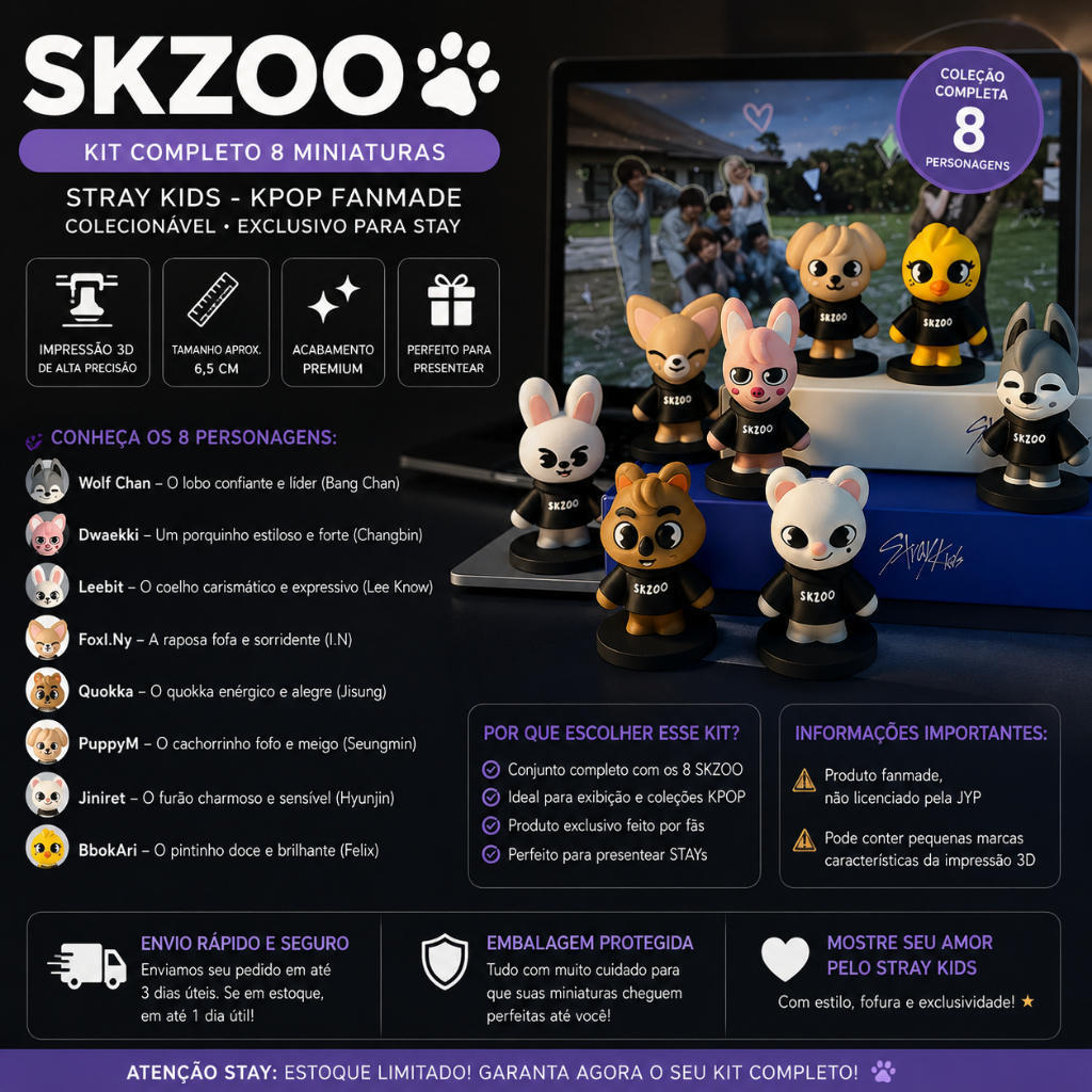 SKZOO 🐾 Kit Completo 8 Miniaturas Stray Kids - KPOP Fanmade