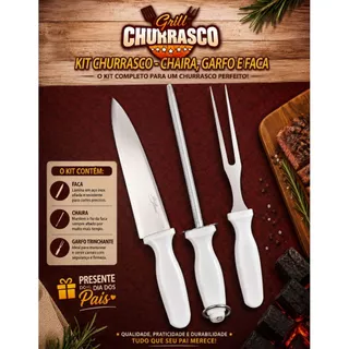 Kit Churrasco 3 Peças Inox Faca para Carne Chaira Garfo Trinchante Presente Dia dos Pais Lembrança P