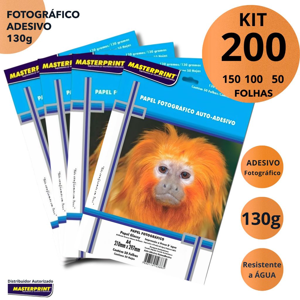 Papel Fotografico Glossy Adesivo A4 130g Masterprint Kit Branco Brilhante Resistente a Água