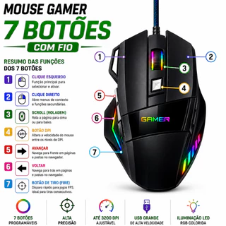 MOUSE GAMER COM FIO 7 BOTOES E 3 BOTOES MAUSE COM LED RGB 2.400 DPI ÓPTICO ILUMINAÇÃO COLORIDA PARA JOGOS VIDEO GAMERS