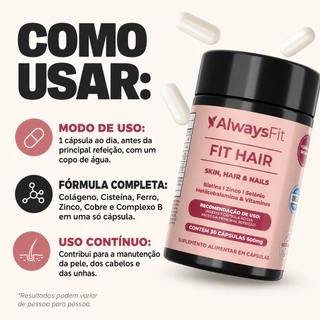 FitHair AlwaysFit | Biotina + Zinco + Selênio + Ferro + Cobre + Cisteína + Vitaminas | 30 Cápsulas