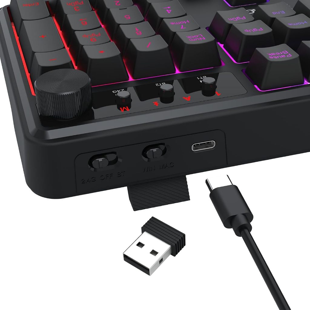 Teclado Gamer Membrana Redragon RM104 Volcano Preto ARGB Full Size ANBT2 Sem Fio Com Knob de Volume Tri-Mode USB 2.4GHz