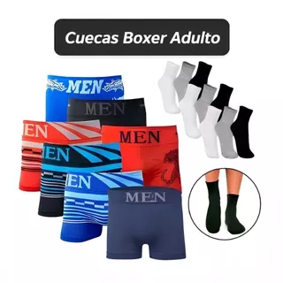 Kit 5 Cuecas Boxer Microfibra Adulto + 6 Pares Meias