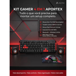 Kit Gamer 4 em 1 Aportex Teclado Gamer ABNT2 Mouse Sem Fio Recarregável Mouse Pad Caixa de Som 6W