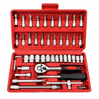 Kit Chave Catraca Reversível Profissional 1/4 Aço Cromo Vanádio 46 Peças