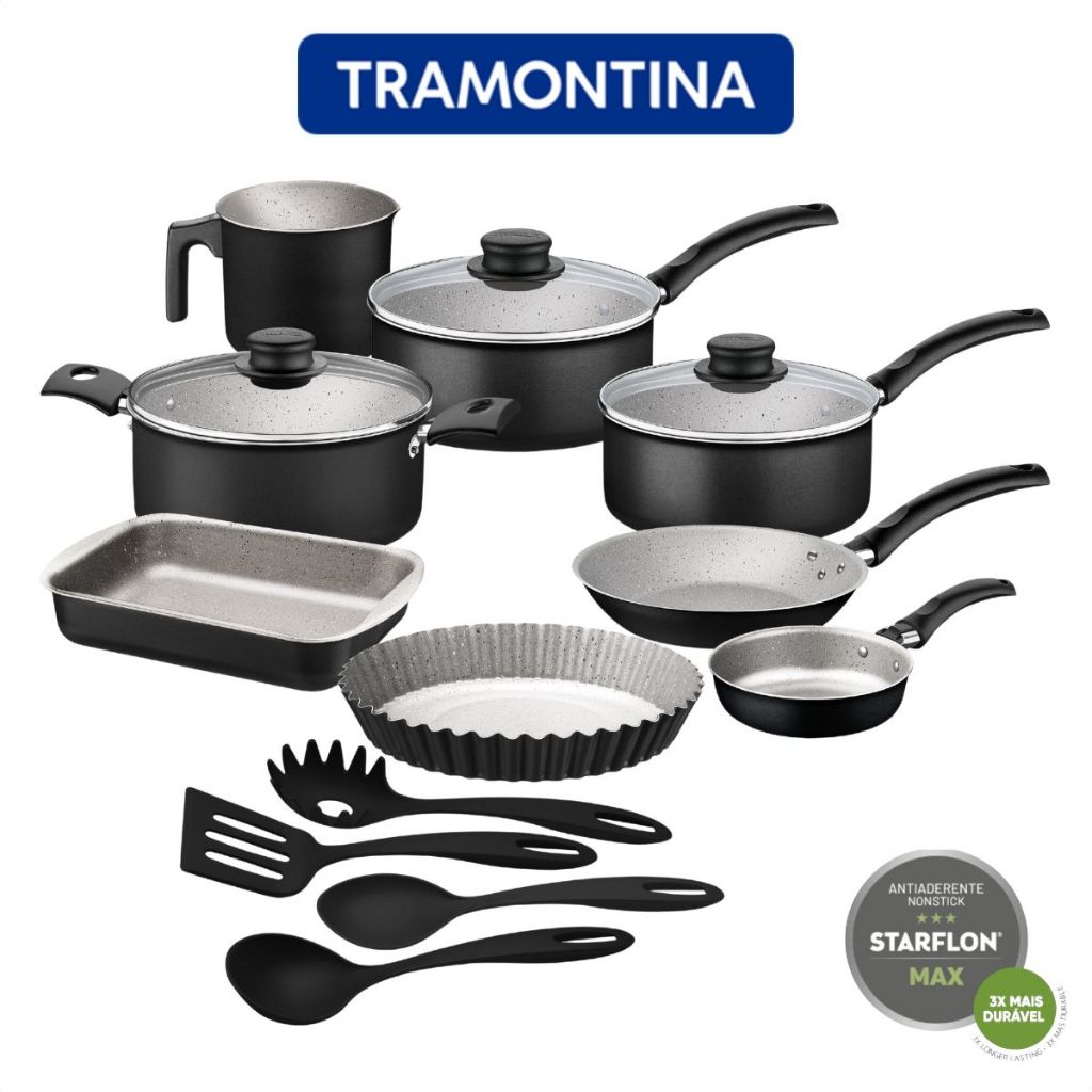 Jogo De Panelas Antiaderente Tramontina 12 Peças Turim Com Utensílios | Shopee Brasil