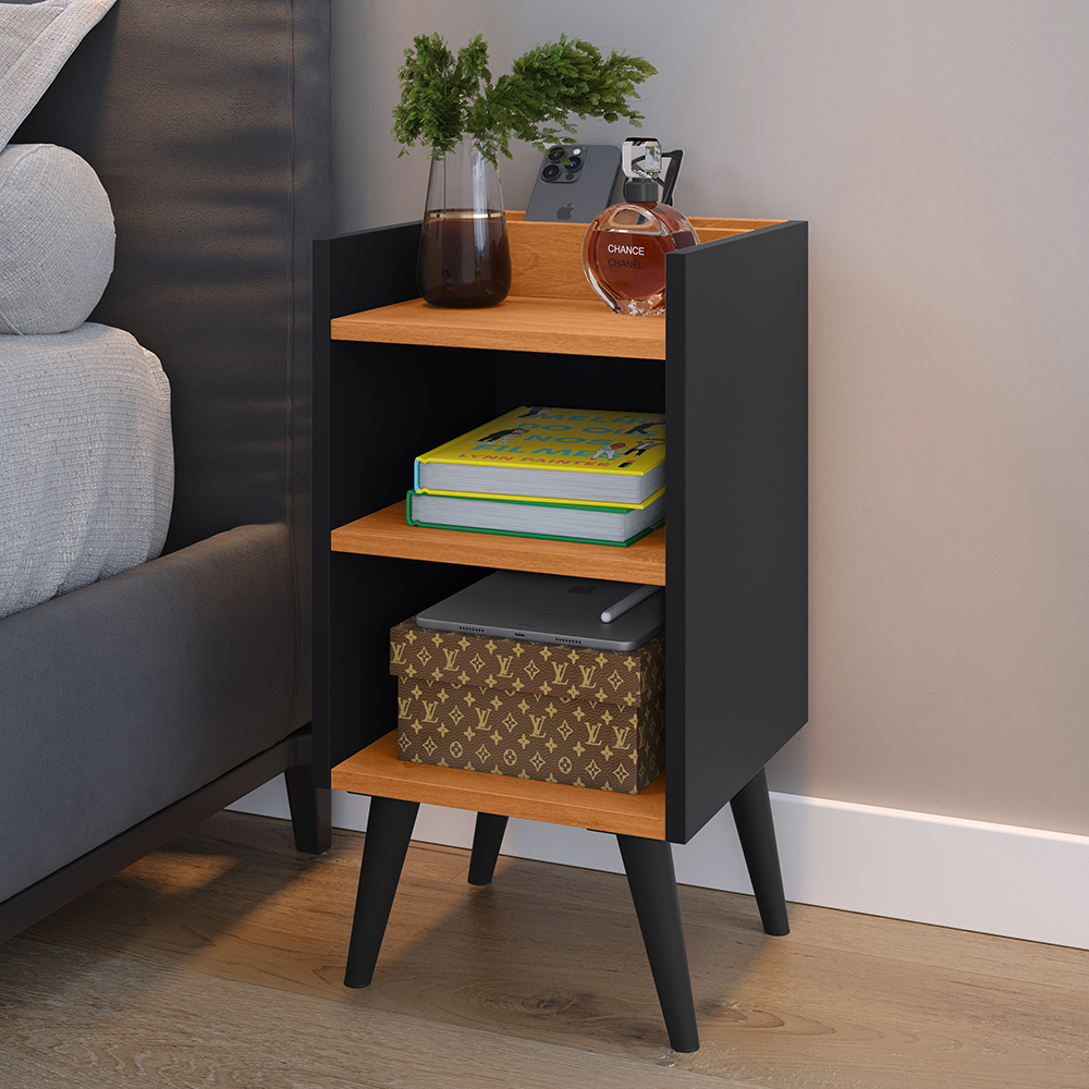Mesa de Cabeceira Max Slim Preto com Porta Celular e Nicho