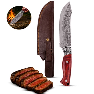 Faca Cutelo Rústico 29cm de Aço Forjado Artesanal Profissional Com Bainha Cabo Ergonômico Churrasco