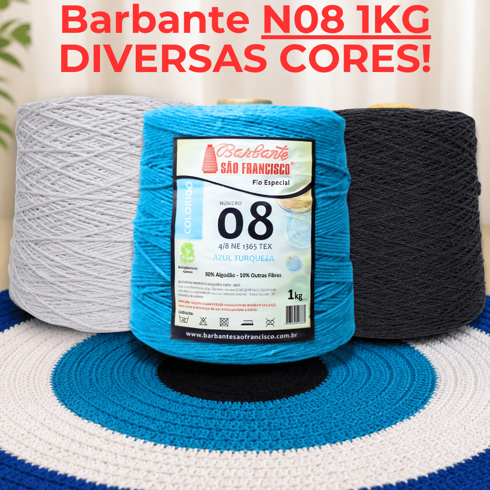 Barbante Colorido N°08 Cone De 1kg-Linha de Crochê, Tapete de