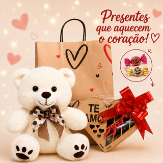 Cesta/Kit Presente Urso Pelúcia Chocolate Coração-Aniversário/Namorado/Mãe/Namorada/Dia das Crianças