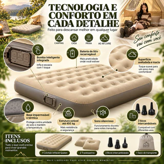 🔥 🔥Colchão Inflável Queen Com Bateria De Lítio Integrada + Travesseiro Para Camping Praia Casa Ao Livre