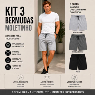 Kit 3 Bermuda Shorts Masculinas Moletinho Moletom Academia Treino Confortável Dia a Dia Casual Com Bolso