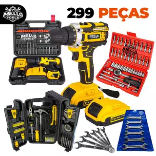 Kit Jogo Ferramentas 299 Peças com Parafusadeira Furadeira 48V Sem Fio + Jogo Soquetes 46 + Jogo chave fixas 6 pçs Mello