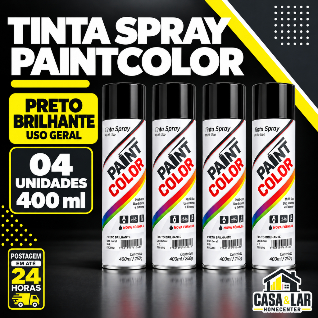 Kit 4 Tinta Em Spray Preto Brilhante 400ml Multiuso Secagem Rapida Para ...