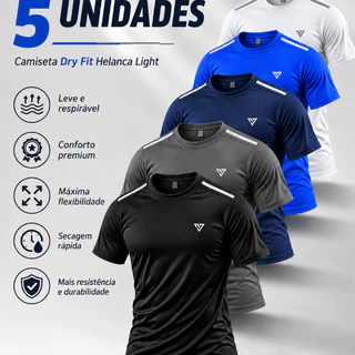 KIT 5 CAMISETAS DRY FIT HELANCA LIGHT MASCULINA ACADEMIA TREINO
