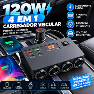 Adaptador De Isqueiro De Carro 120W 4 Em 1 12V/24V Tomada USB