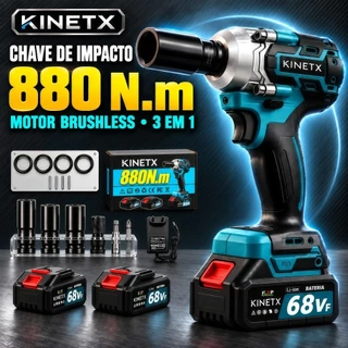 KINETX Chave de Impacto Brushless 880Nm 21V 3 em 1 Parafusadeira Furadeira com 2 Baterias Soquetes e Acessórios