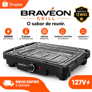 Churrasqueira Elétrica 2000W 127V Bravéon Grill com Grelha Removível, Controle de Temperatura e Bandeja Coletora de Gord