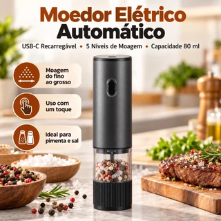 Moedor de Pimenta e Sal Elétrico Automático USB Recarregável 5 Ajustes Triturador de Temperos 80ml