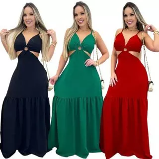 Vestido Longo Feminino de Argola Decotado Duna Premium Ideal Para Festas y Paia em Oferta na Shopee