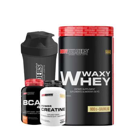 Kit Waxy Whey 900g BCAA 4 5g 100g Power Creatina 100g Coqueteleira 600ml Bodybuilders
