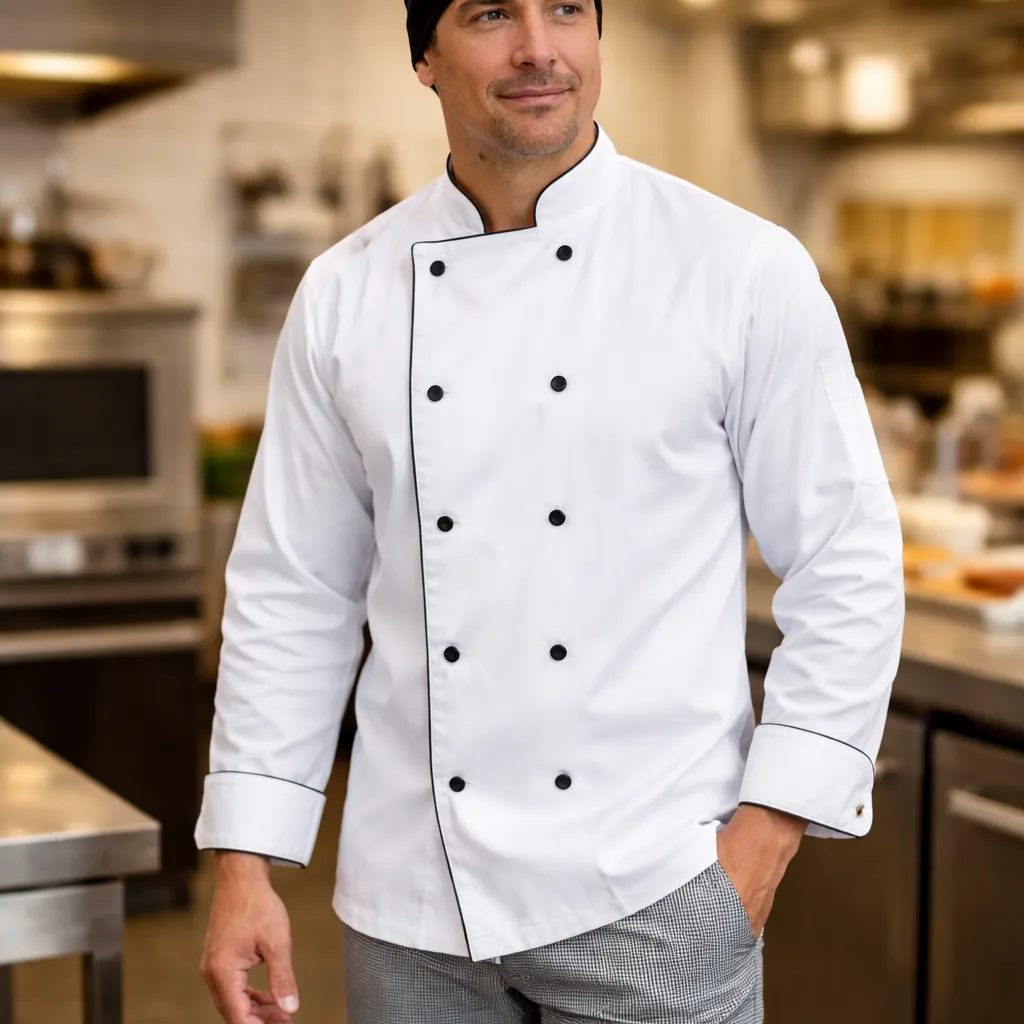 Dolmã com Vivo Preto e botões 100% Algodão Chef de Cozinha R