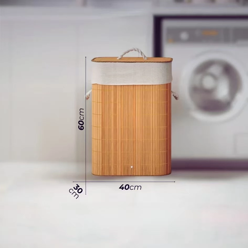 Cesto de roupa suja de bambu de 72 litros com tampa e alça para uso na sala de estar e no banheiro.