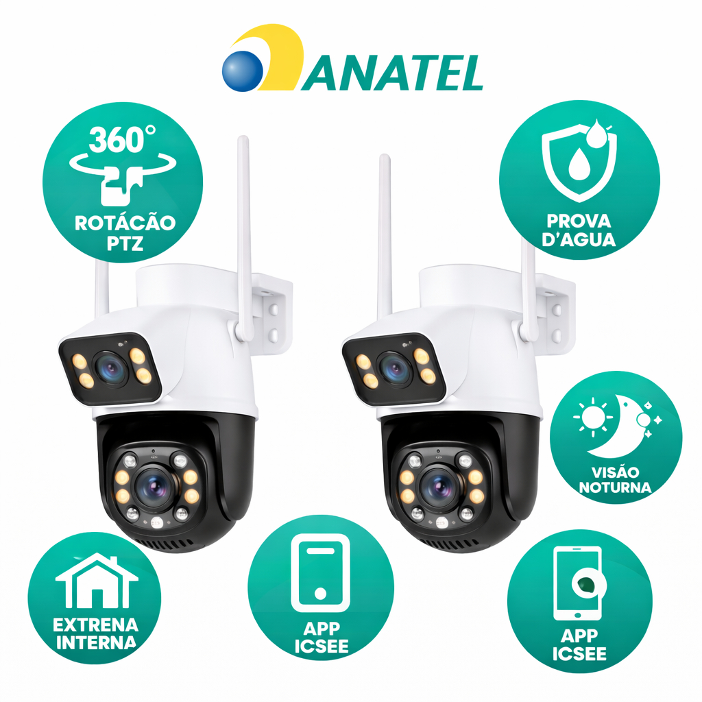 Kit 2 Câmera Externa 8MP 4K WiFi PTZ 360° Rotação 2 Lentes Prov DÁgua Visão Noturna ICSee Segurança