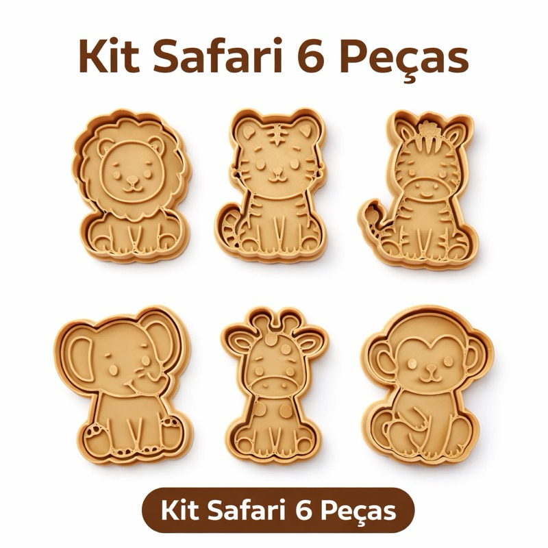Kit 6 cortador marcador molde tema safari para biscoitos, pa
