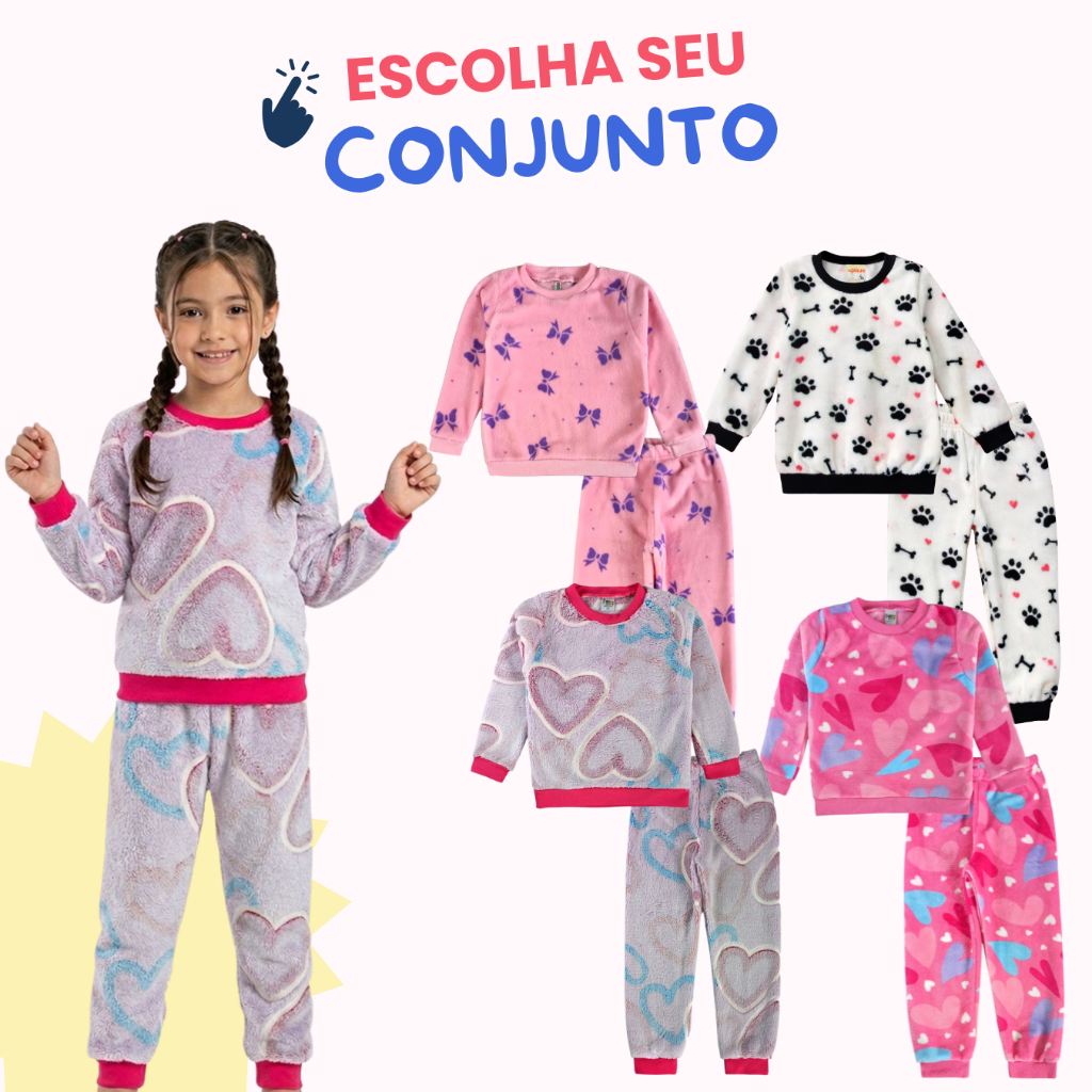 Conjuntos Peluciado Pijamas Flecee Feminino Inverno - Tamanho 4 ao 10 anos Diju Kids em Oferta na Shopee