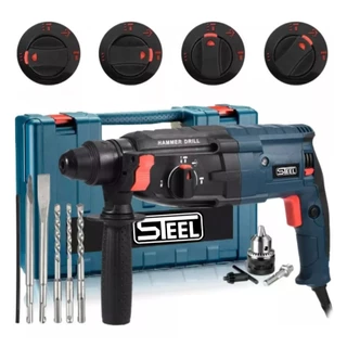 Furadeira Martelete Rompedor 1000W STEEL SDS Plus Profissional com Maleta e Kit Brocas Ponteiros Impacto Perfuração