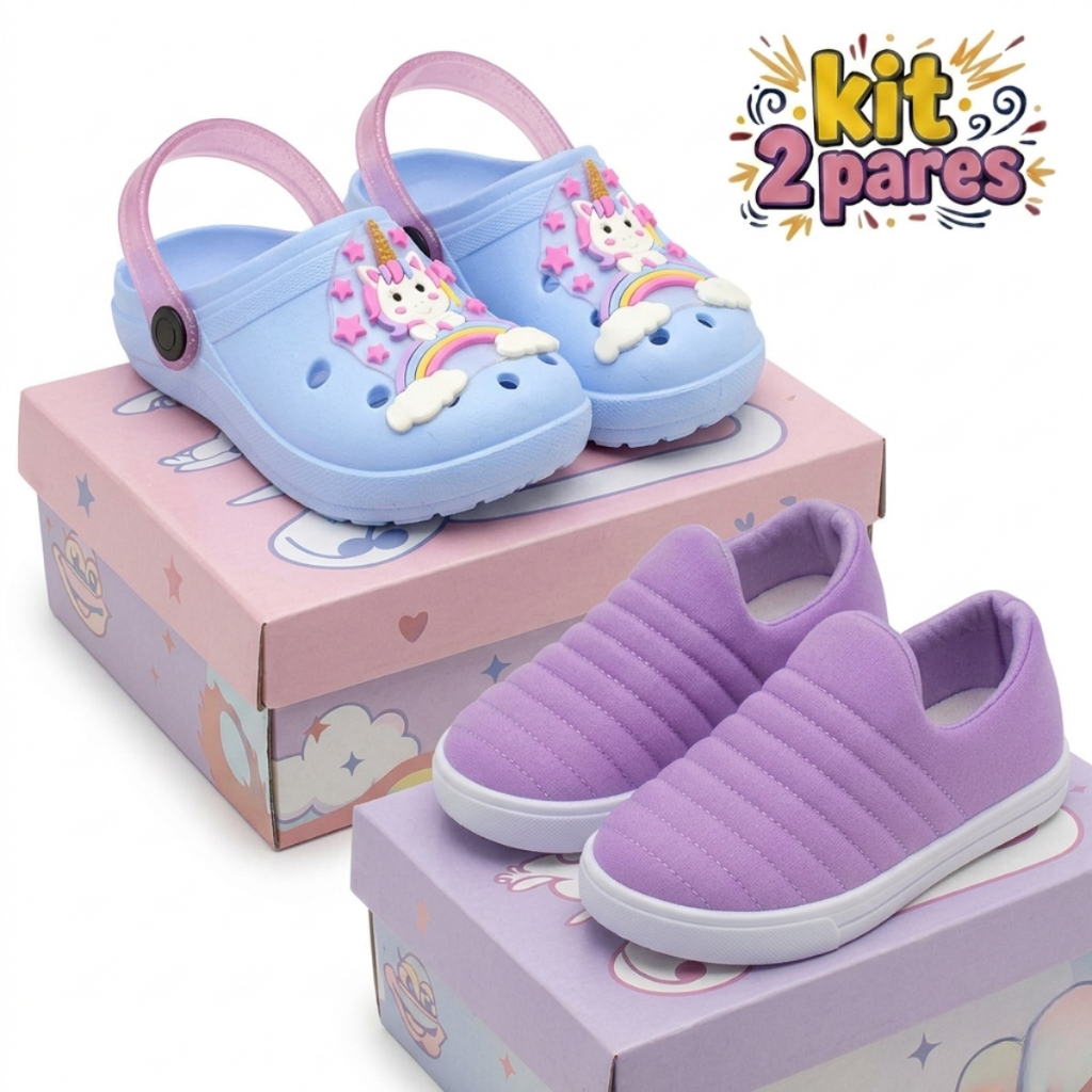 Kit 2 Pares Tênis Infantil Calce Fácil Menina & Sandália Babuche Conforto Promoção | Shopee Brasil