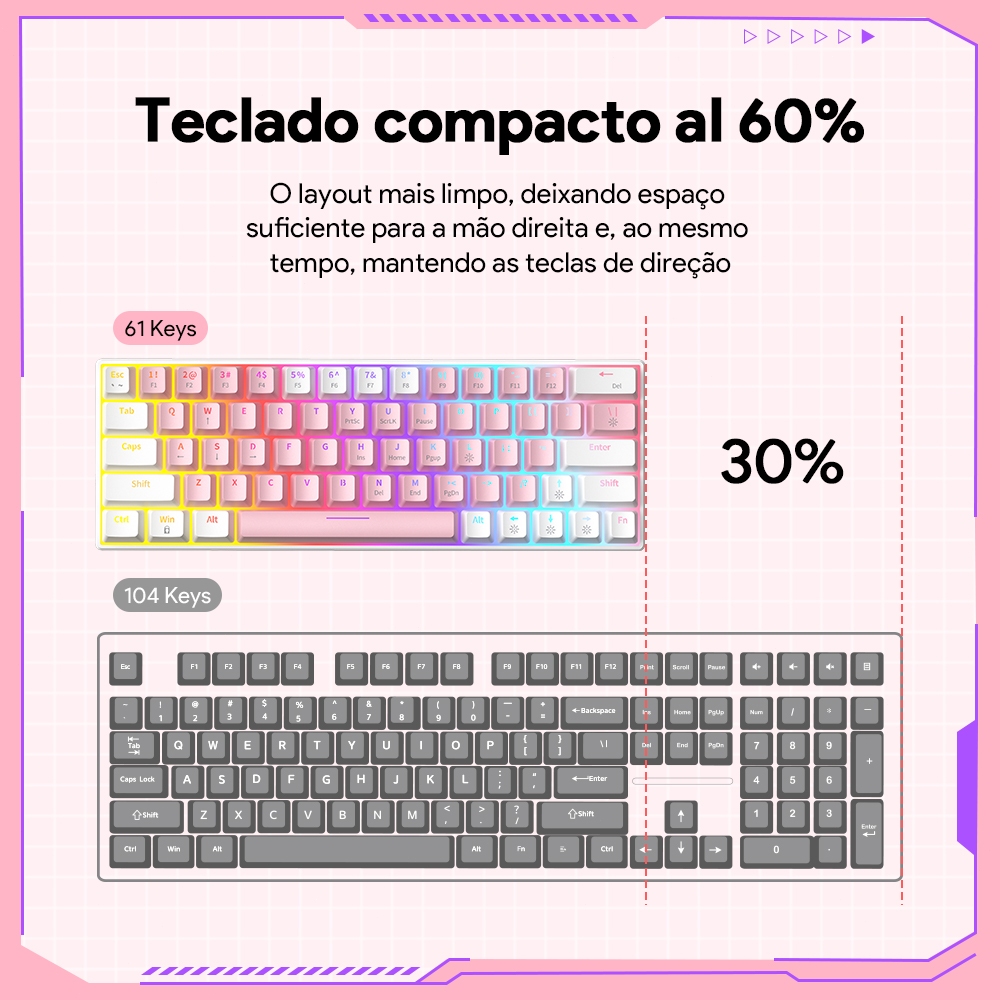 ZIFRIEND KA646 Teclado Mecânico Gamer 60% USB Com Fio ABNT2 Switch