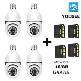 Kit 4 Câmera Segurança Lâmpada WiFi 360° Yoosee PTZ Full HD Visão Noturna com 4 Cartão 16GB