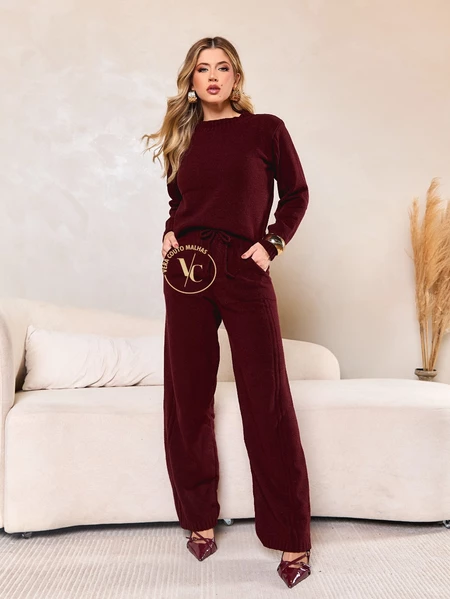 Conjunto Feminino Mousse Inverno Blusa Manga Longa Calça Pantalona Bolso Elegante Premium