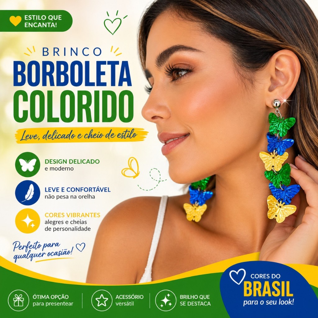 Brinco Borboleta Brasil Torcida Copa Brinco Copa Brincos Brasil verde amarelo