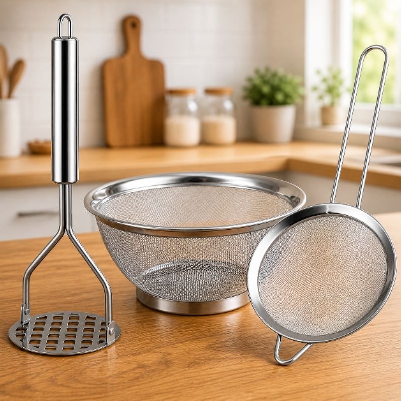 Kit Cozinha Inox Peneira + Cesta + Amassador Resistente Mult