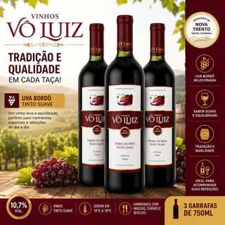 Kit 3 Vinho Tinto Suave Vô Luiz Uva Bordô Garrafa 750ml Vinho de Mesa