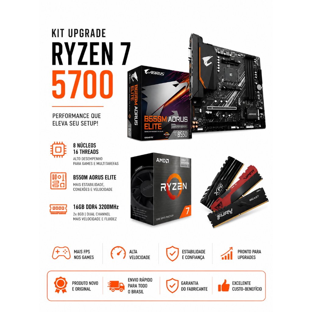 Kit Amd Ryzen 7 5700 + B550m Aorus Elite + 2x 8gb 3200MHZ | Shopee Brasil