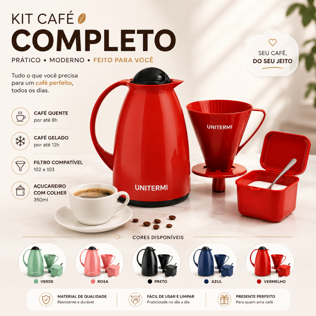 Filtro Coador Suporte Garrafa Térmica Açucareiro Unitermi Kit Café Completo Cozinha