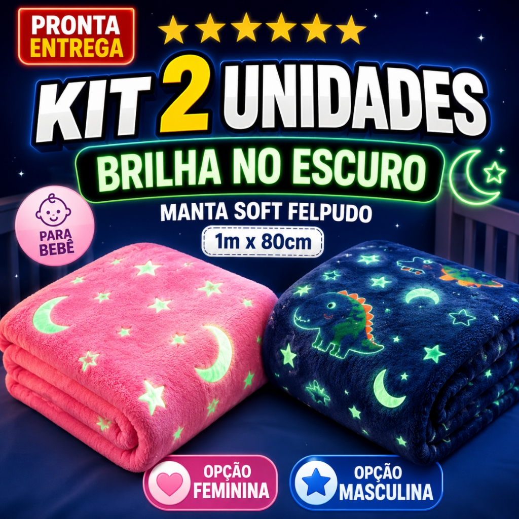 Kit 2 Mantas Felpuda Infantil Brilha no Escuro 1m x 80cm