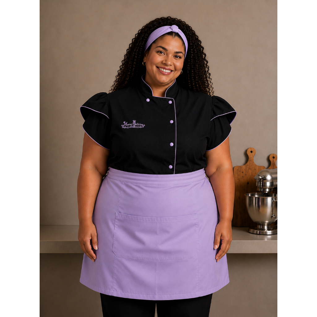 Kit Dolmã + Faixa + Avental Chef Confeiteira Gabardine Nome 