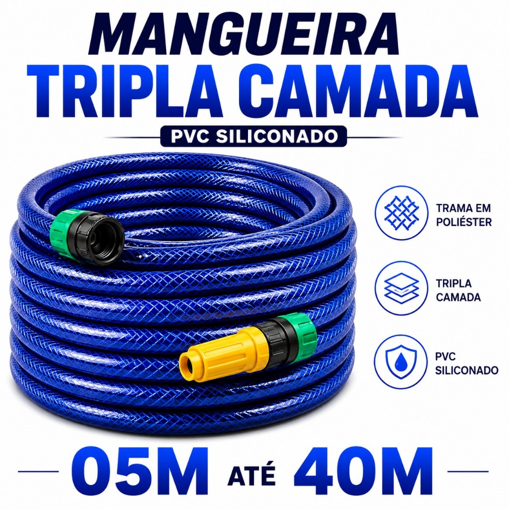 Mangueira Jardim Trançada Azul 7/16 05 a 40 Metros Mangueira Pronta para o Uso - Tripla Camada