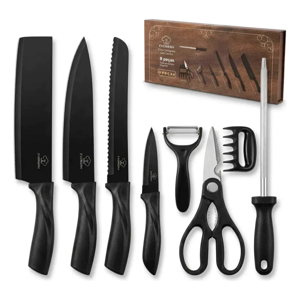 Jogo KIT 8 peças Facas Descascador Tesoura Profissional Cozinha Gourmet Faca de Churrasco Profissional Antiaderent -MGC