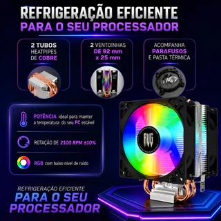 Cooler Processador Intel e AMD Fan Duplo 130W 2100RPM RGB 2 Tubos Cobre TDP Baixo Ruído
