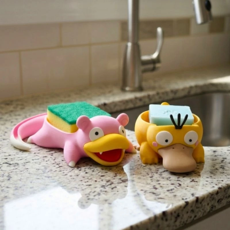 Saboneteira e Porta Esponja Pokémon Slowpoke Psyduck Organizador Geek para Pia Banheiro ou Cozinha