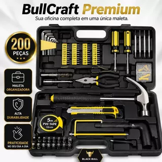Kit de Ferramentas 200 Peças Completo com Maleta Organizadora Profissional Black Bull BullCraft Premium