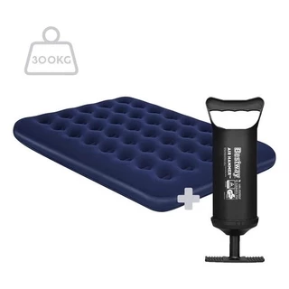 Kit Colchão Camping Casal Resistente Queen Inflável 300kg + Bomba De Ar Bestway Cor Azul Praia Piscina Acampamento Trilh