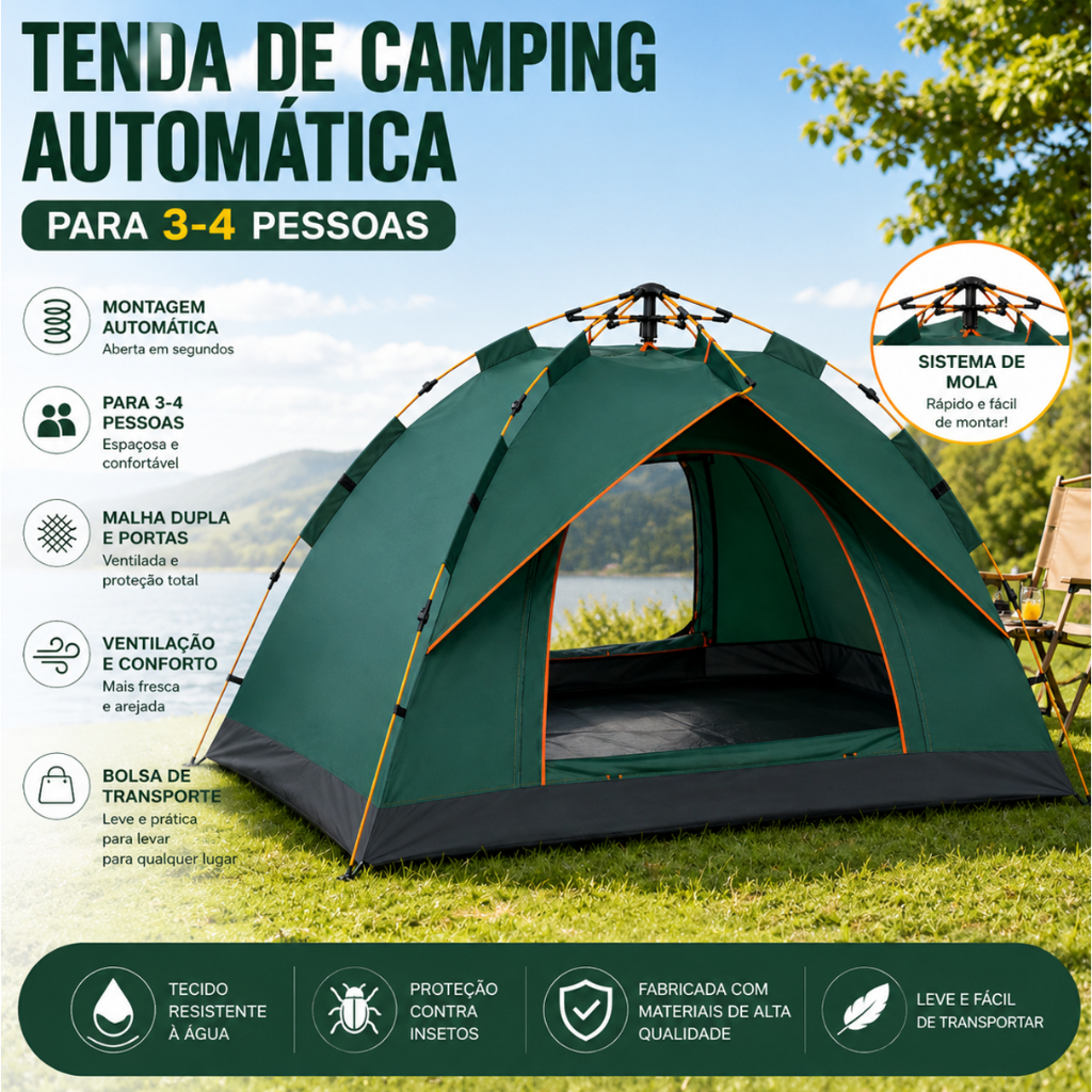 Barraca de Acampamento Automática Impermeável, Portátil e Ventilada, 5 a 6 Pessoas, 15 Estilos Externo